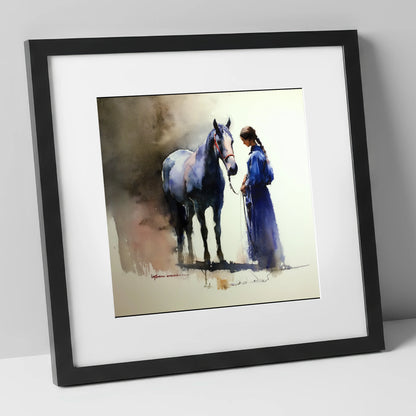 The Silent Bond horse & rider art print in black frame