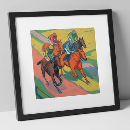 Colours of the Turf racing horse art print in black frame