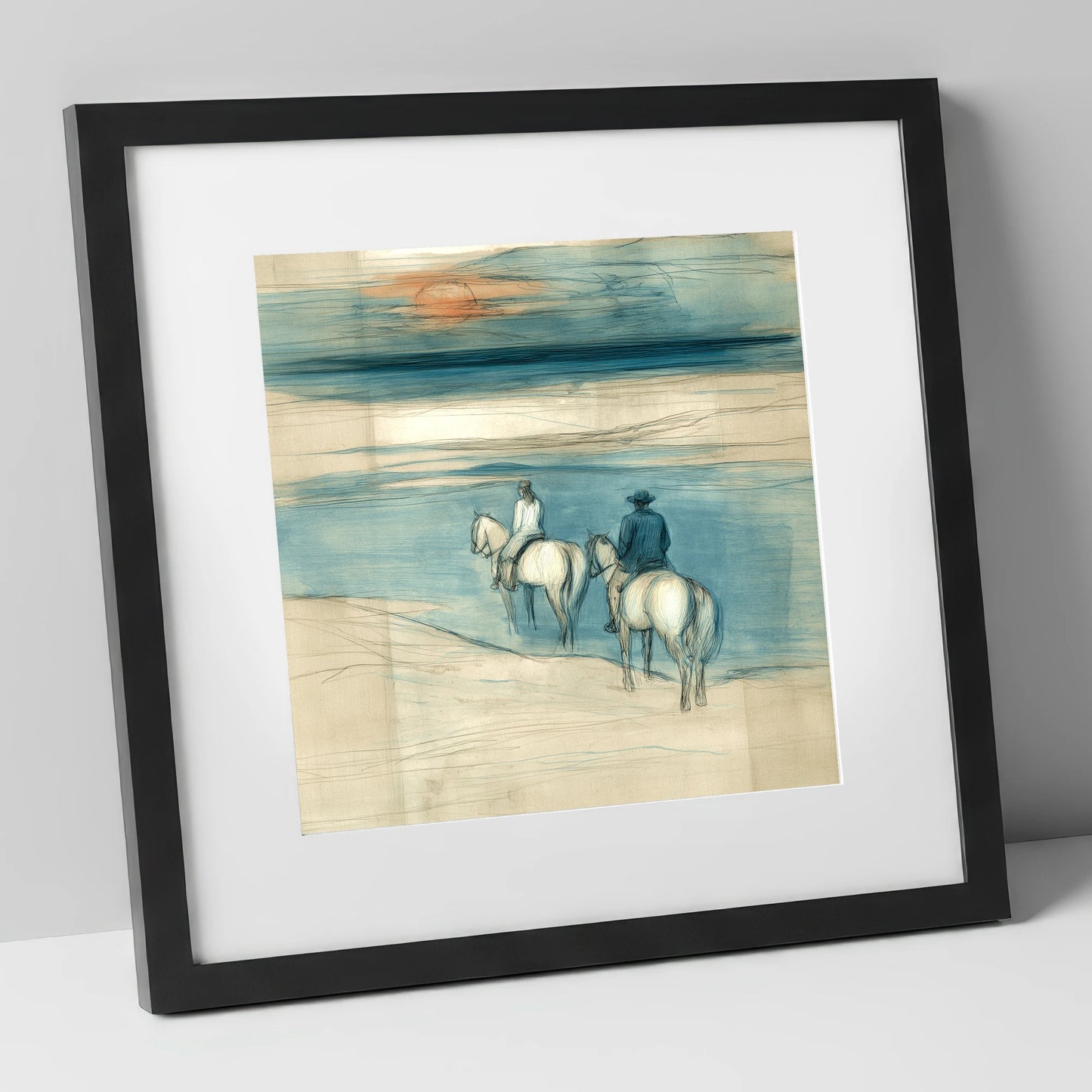Twilight Shoreline Ride horse landscape art print in black frame