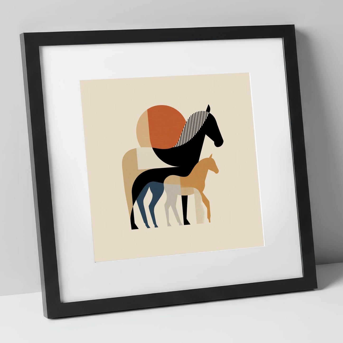 Geometric Equine Bond mare & foal art print in black frame