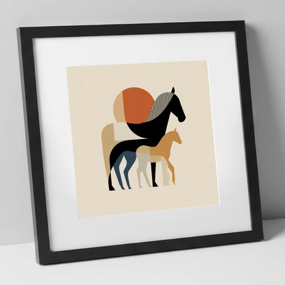 Geometric Equine Bond mare & foal art print in black frame