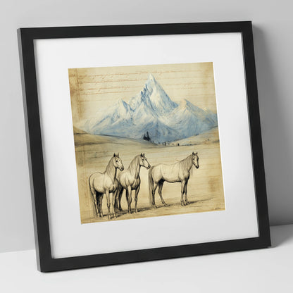 Alpine Journal Sketch horse landscape art print in black frame