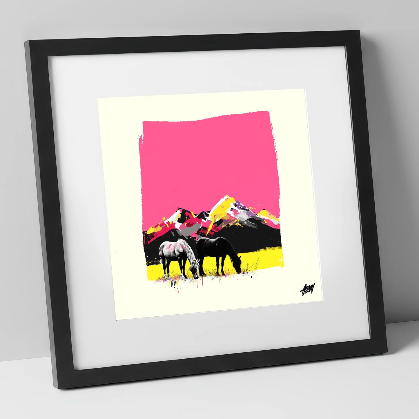 Vibrant Mountain Pastures horse landscape art print in black frame