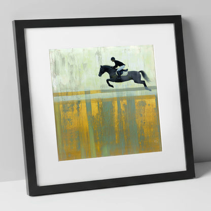 Flight Over Gold show jumping horse art print in black frame