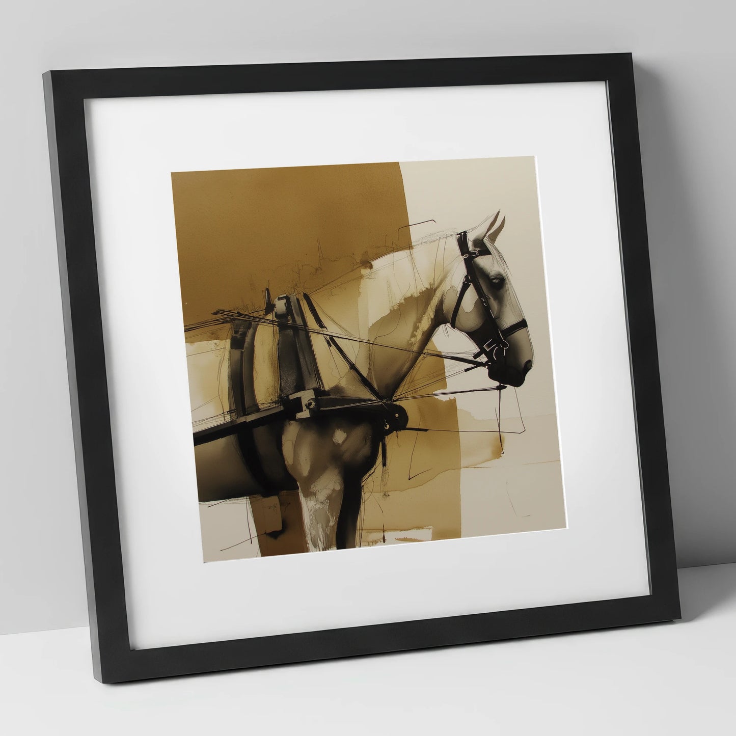 Sepia Harness Study working horse art print in black frame