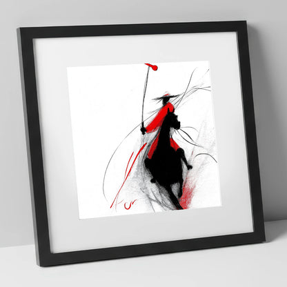 Crimson Polo Strike polo horse art print in black frame