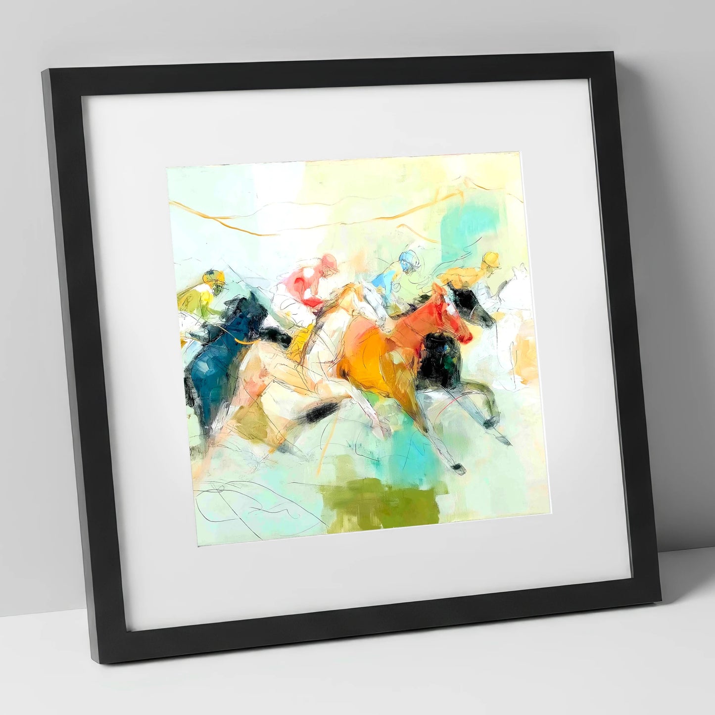 Rush to the Line racing horse art print in black frame