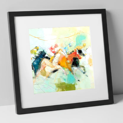 Rush to the Line racing horse art print in black frame