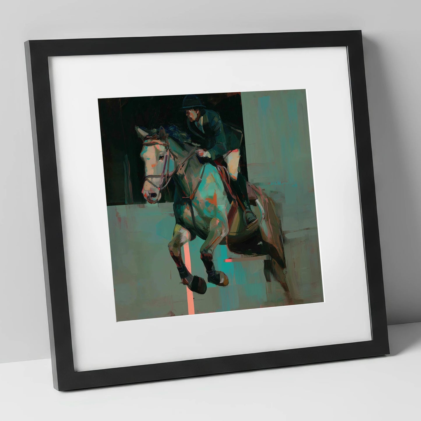 Suspended in Colour show jumping horse art print in black frame