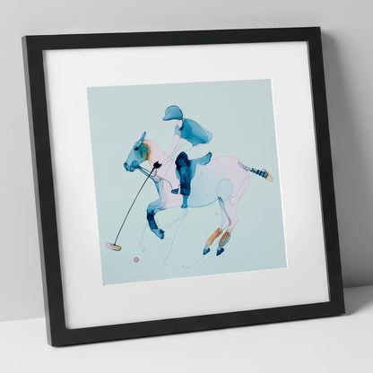 Ethereal Polo Strike polo horse art print in black frame