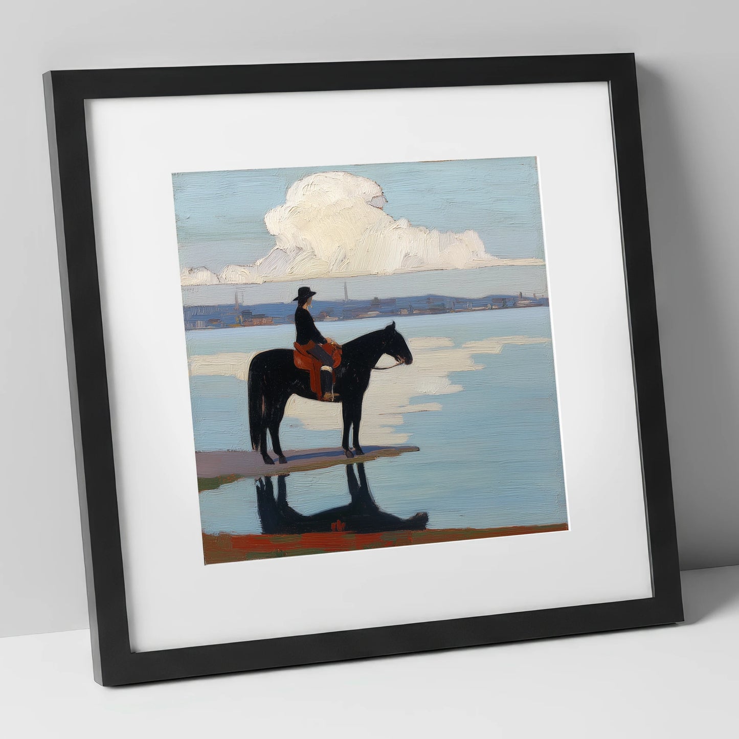 Solitude at the Shore beach horse art print in black frame