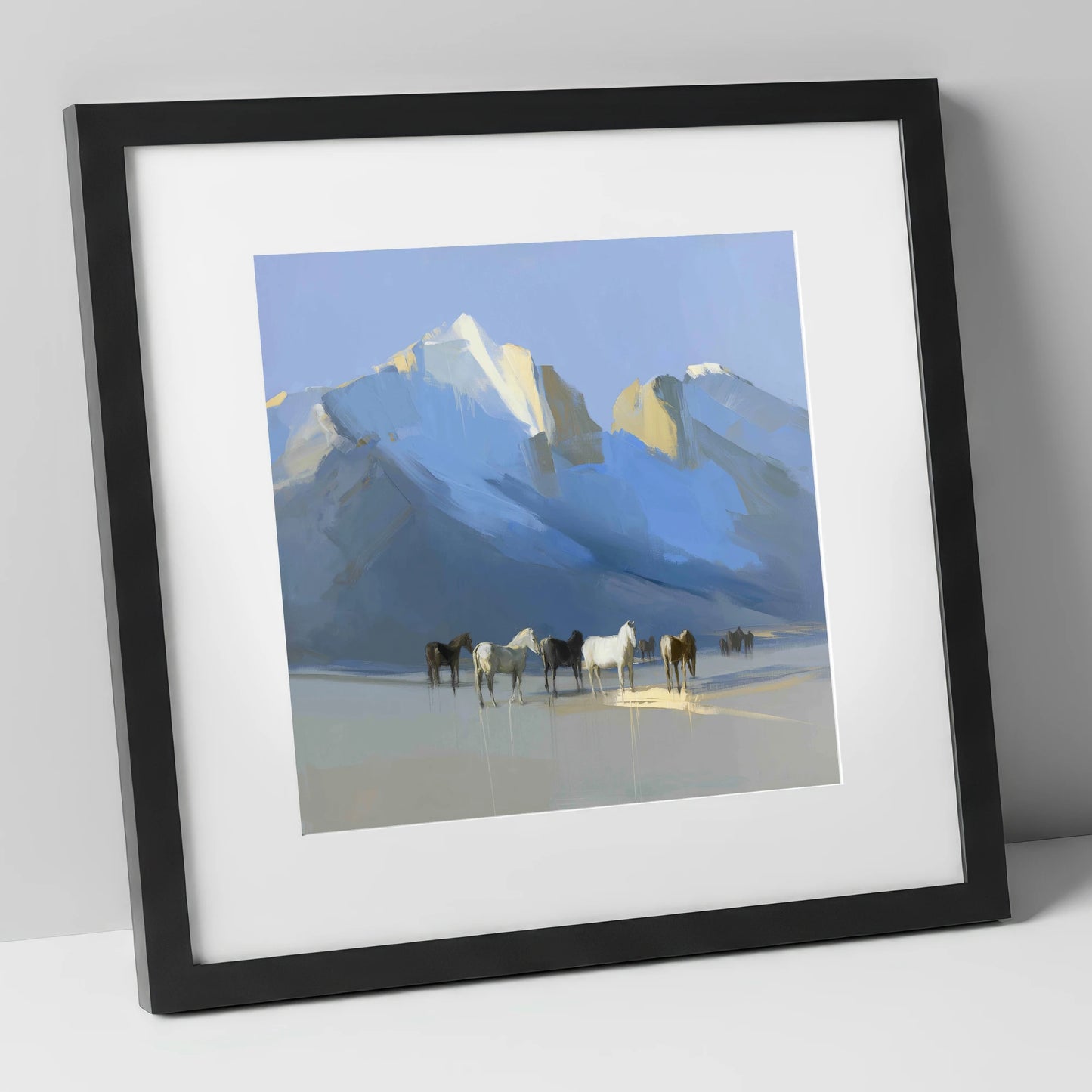 Glacial Heights horse landscape art print in black frame