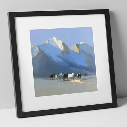 Glacial Heights horse landscape art print in black frame