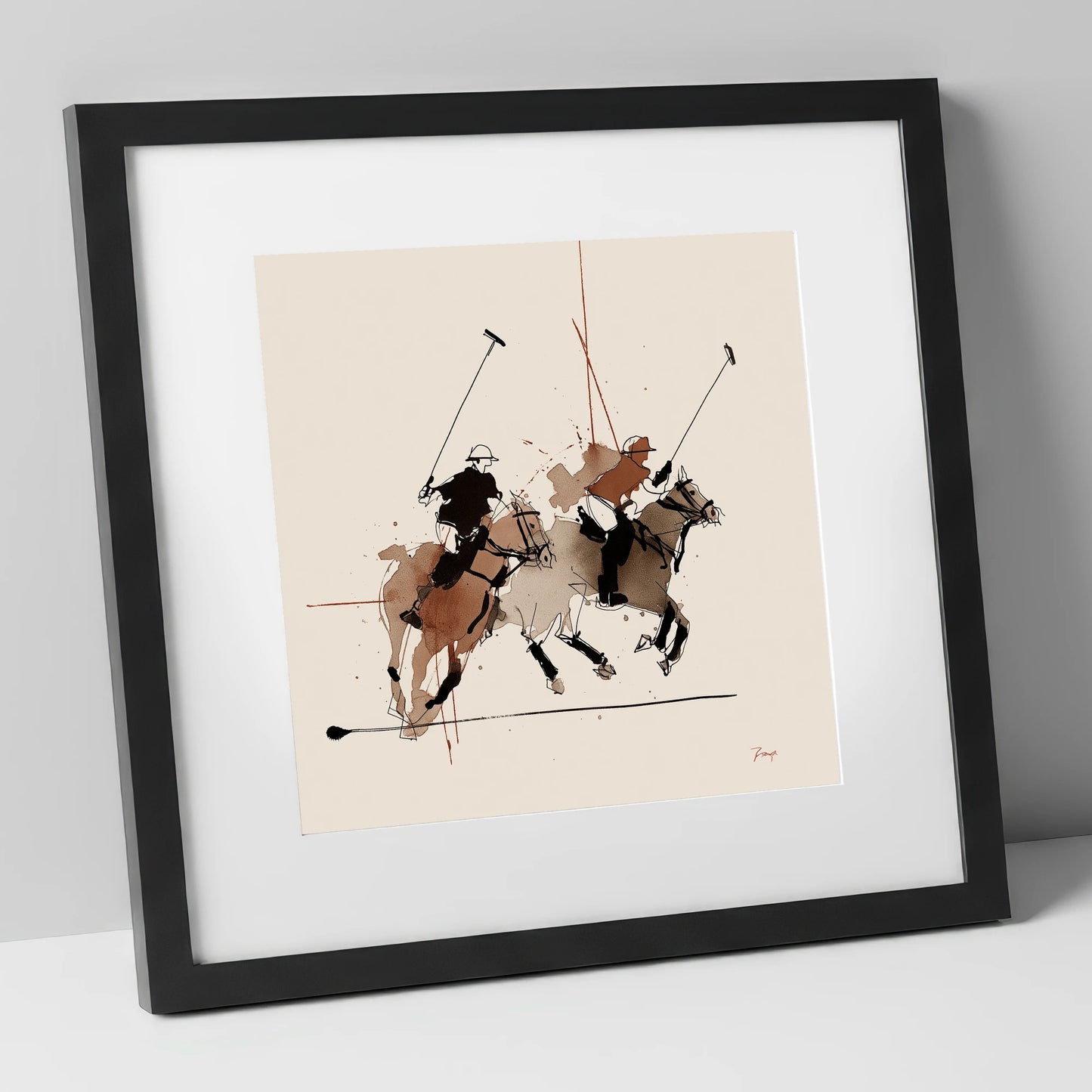 Midfield Charge polo horse art print in black frame