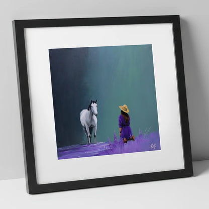 Silent Communion horse & rider art print in black frame