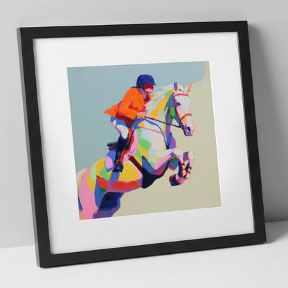 Chromatic Leap show jumping horse art print in black frame