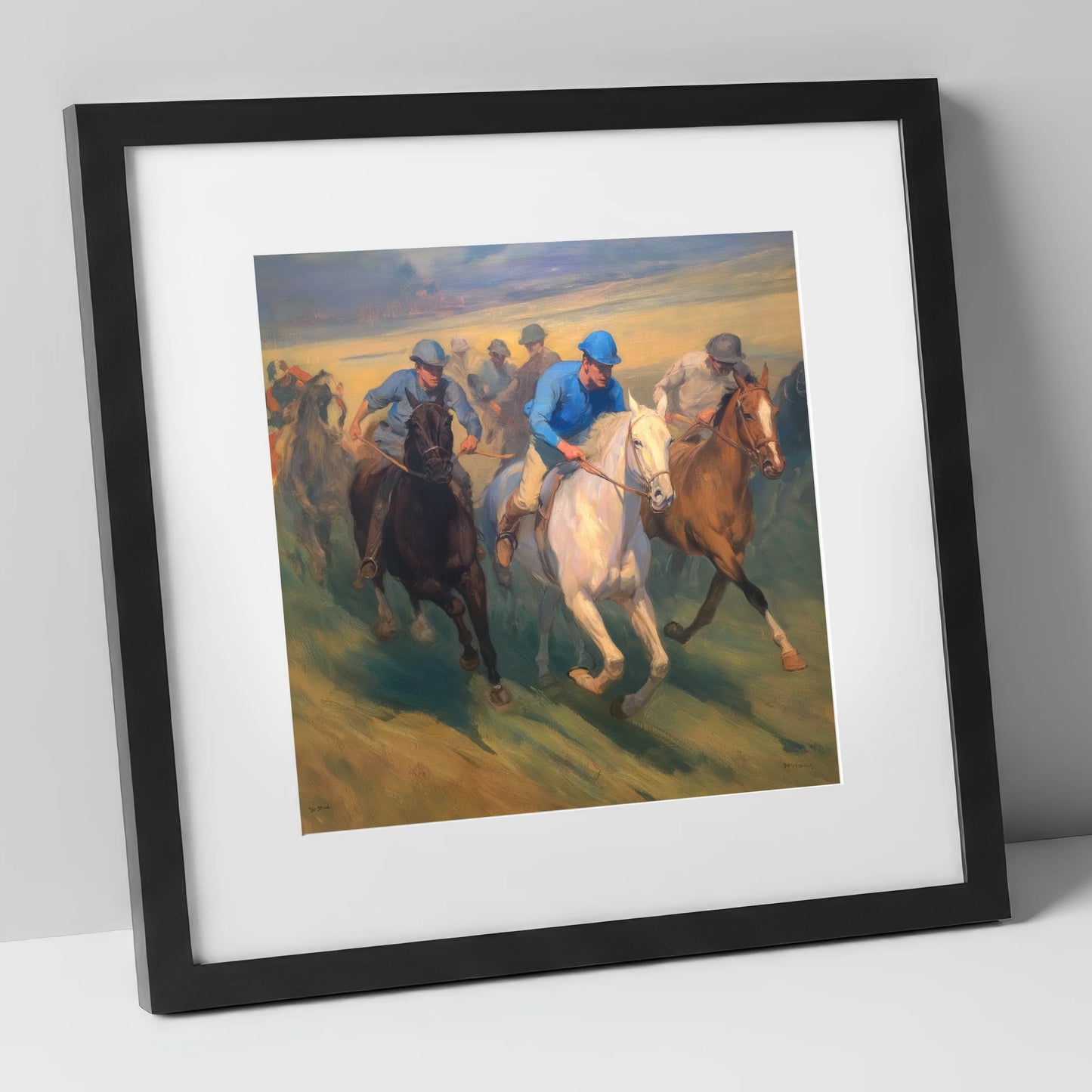The Blue Silks racing horse art print in black frame