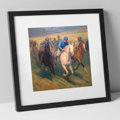 The Blue Silks racing horse art print in black frame