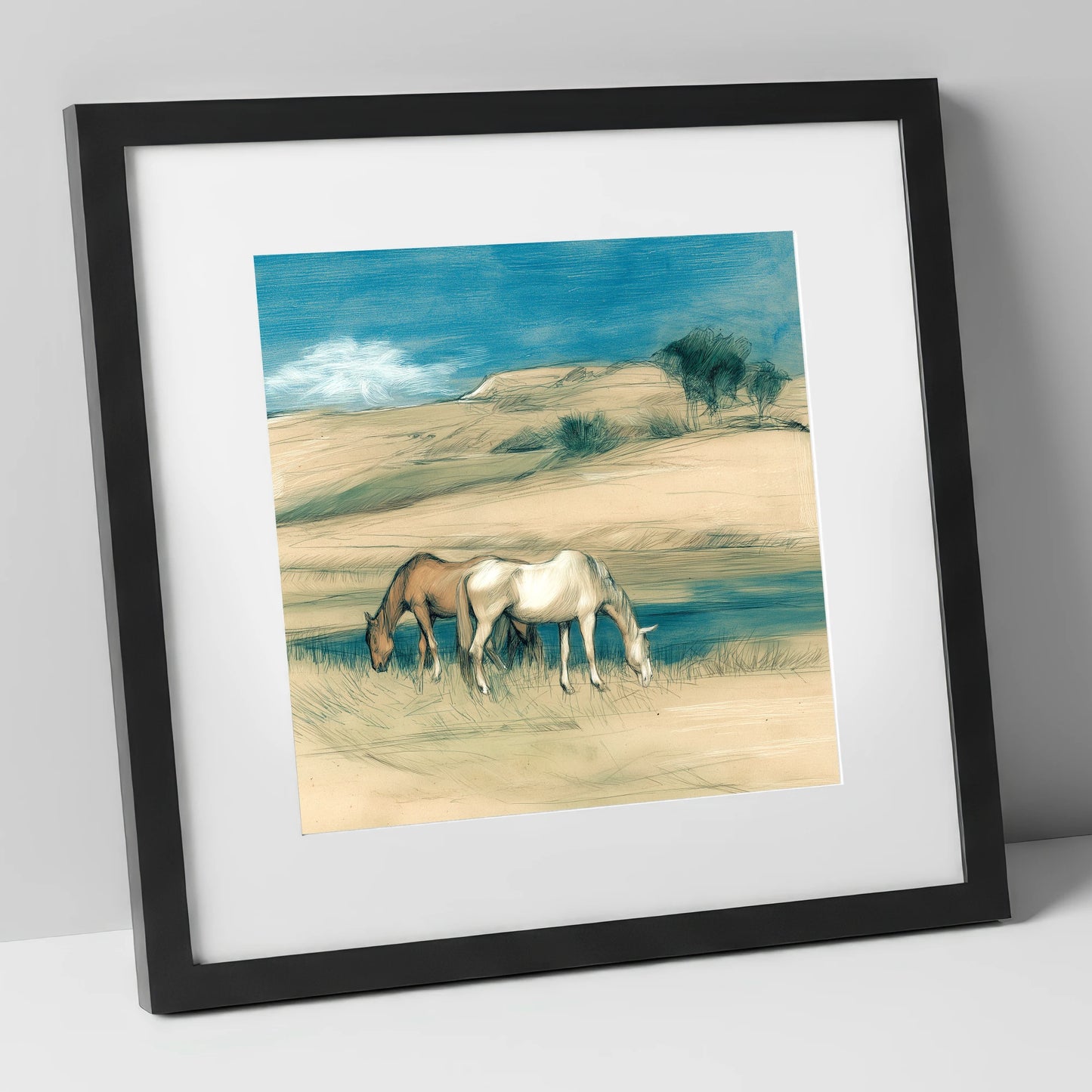 Quiet Companions horse landscape art print in black frame