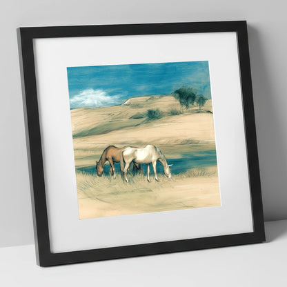 Quiet Companions horse landscape art print in black frame