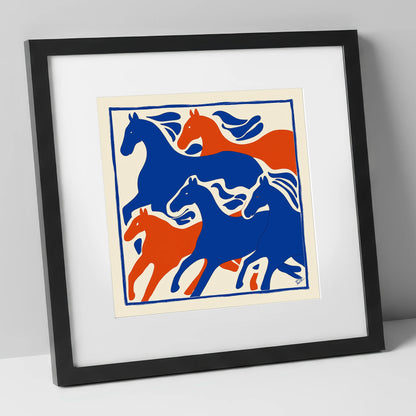 The Cobalt Herd wild horses art print in black frame