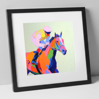 Vibrant Final Furlong racing horse art print in black frame