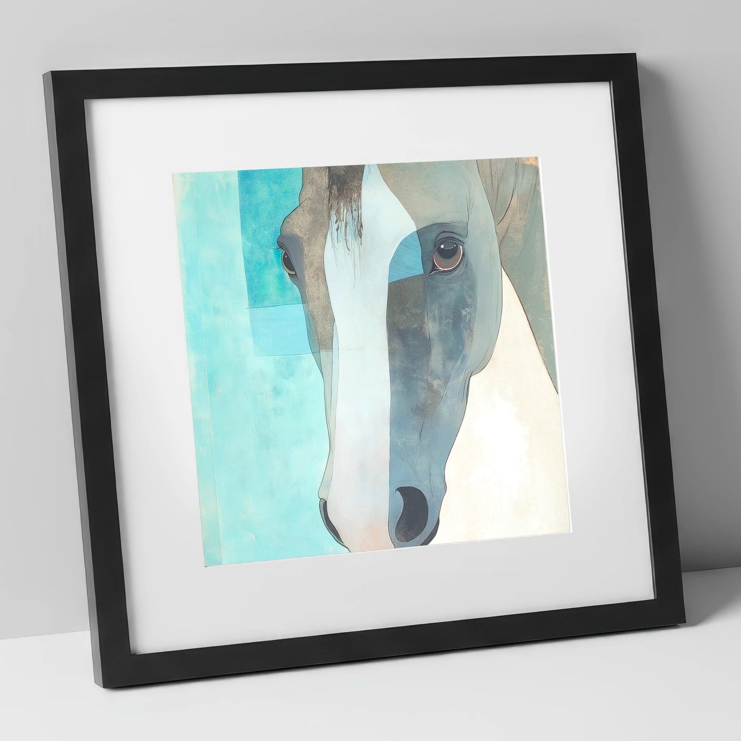 Modern Grey Gaze horse portrait art print in black frame