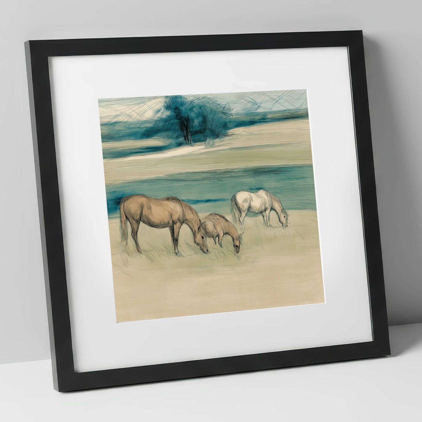 Tranquil Teal Pastures mare & foal art print in black frame