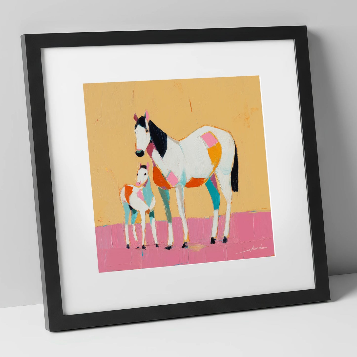 Vibrant Geometric Bond mare & foal art print in black frame