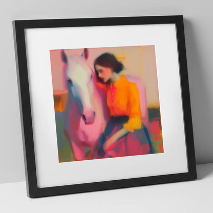 Vivid Embrace horse & rider art print in black frame
