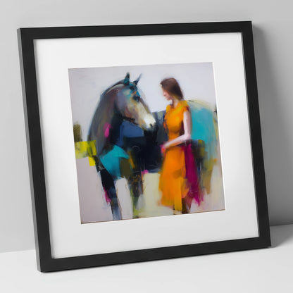 Vivid Companionship horse & rider art print in black frame
