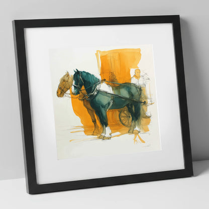 Harnessed in Amber working horse art print in black frame
