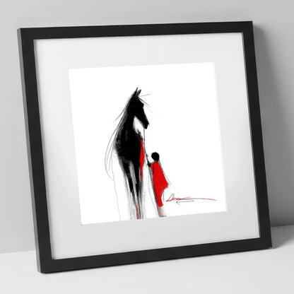 Crimson Connection horse & rider art print in black frame
