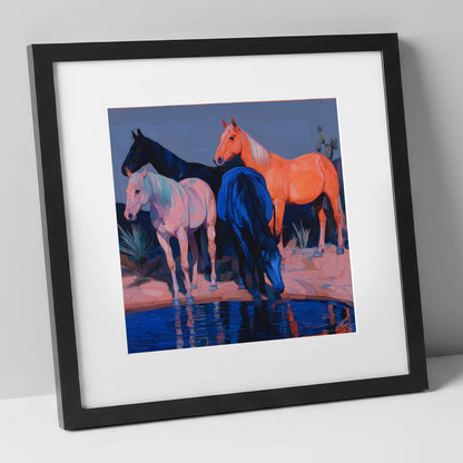 Vivid Desert Oasis wild horses art print in black frame