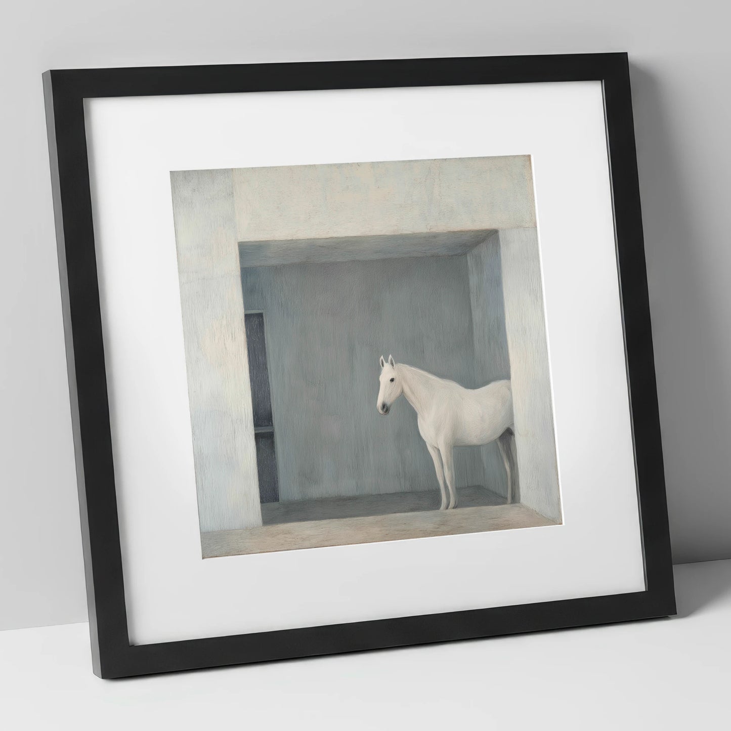 The Quiet Stall horse stable art print in black frame