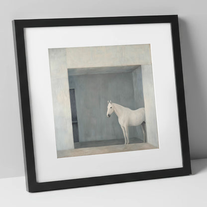 The Quiet Stall horse stable art print in black frame