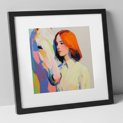 The Colour of Connection horse & rider art print in black frame