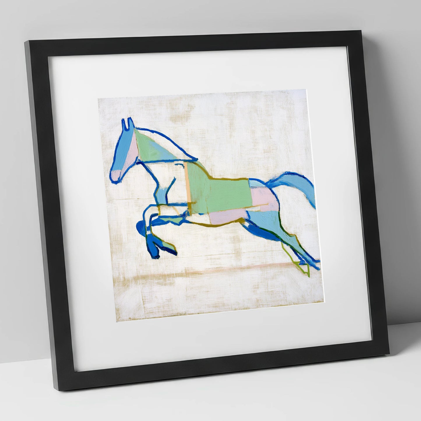 Geometric Azure Leap show jumping horse art print in black frame