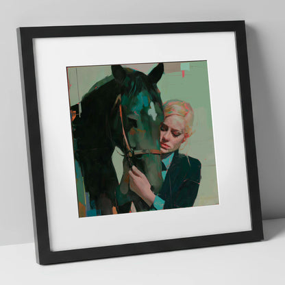 Quiet Connection horse & rider art print in black frame