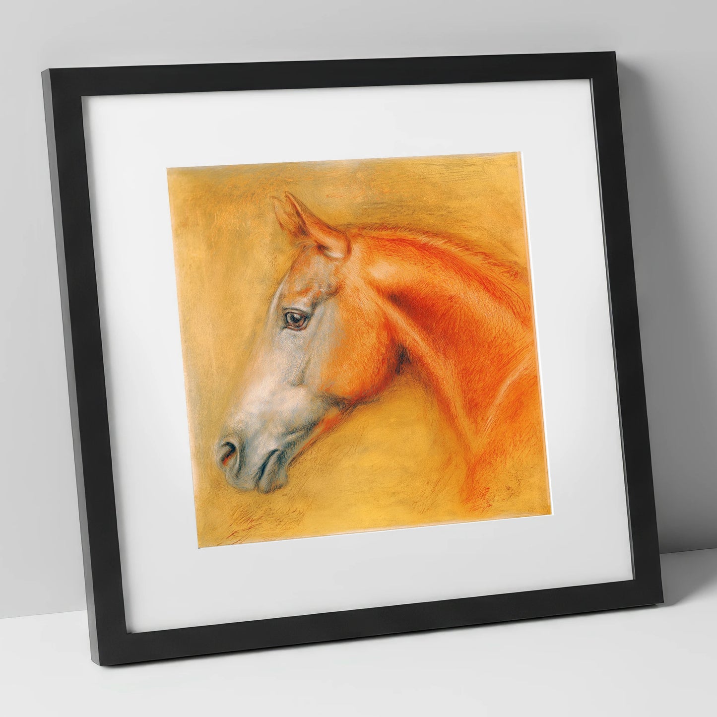 Radiant Chestnut Profile racing horse art print in black frame