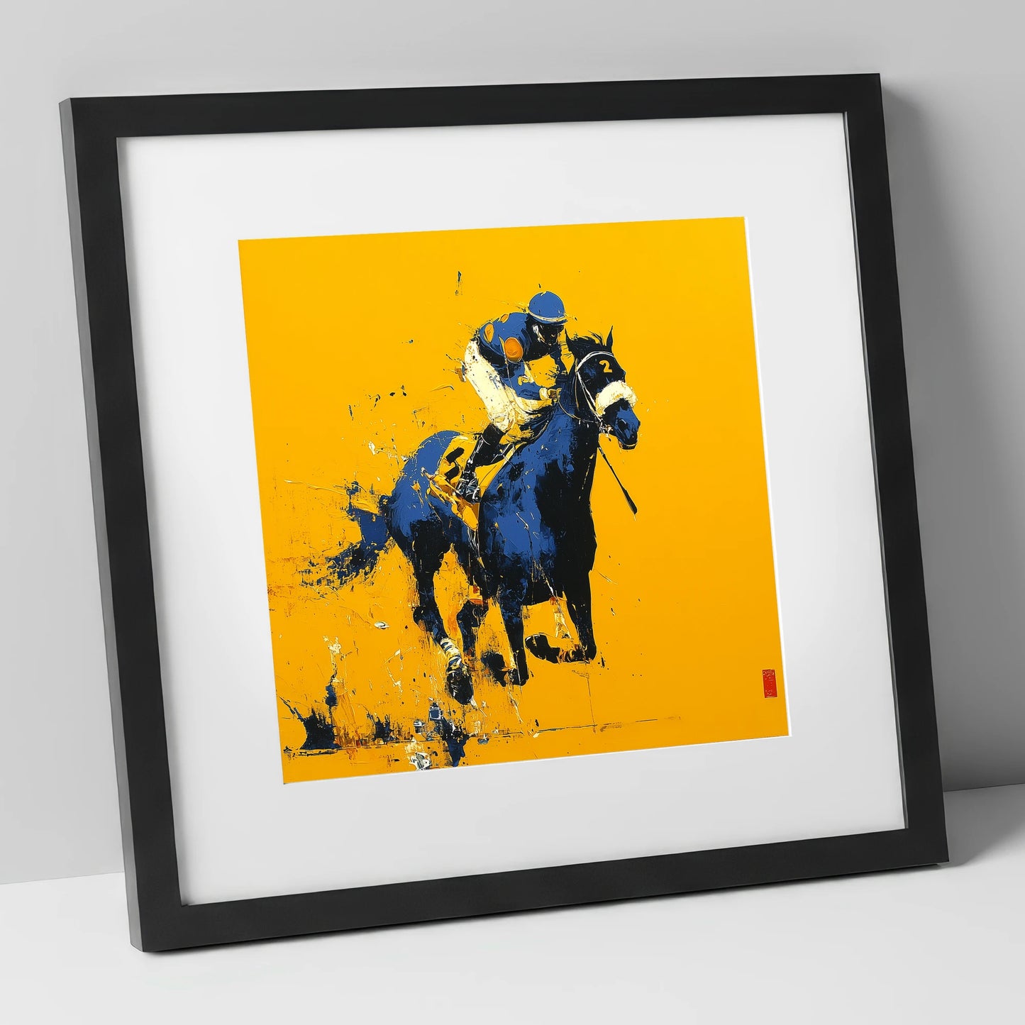 Cobalt Gallop racing horse art print in black frame