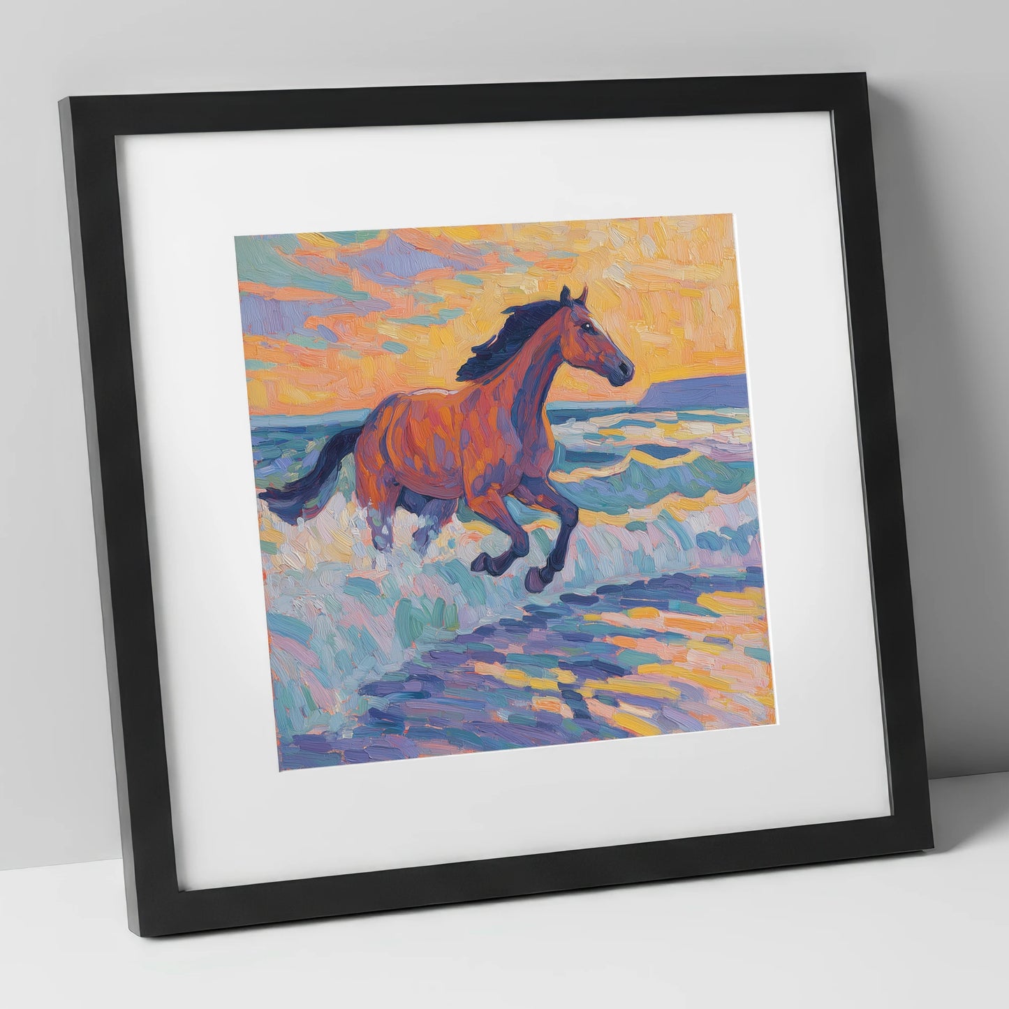 Painted Tide Canter beach horse art print in black frame