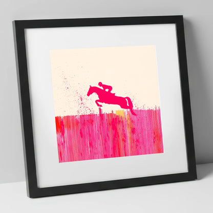 Vibrant Magenta Leap show jumping horse art print in black frame