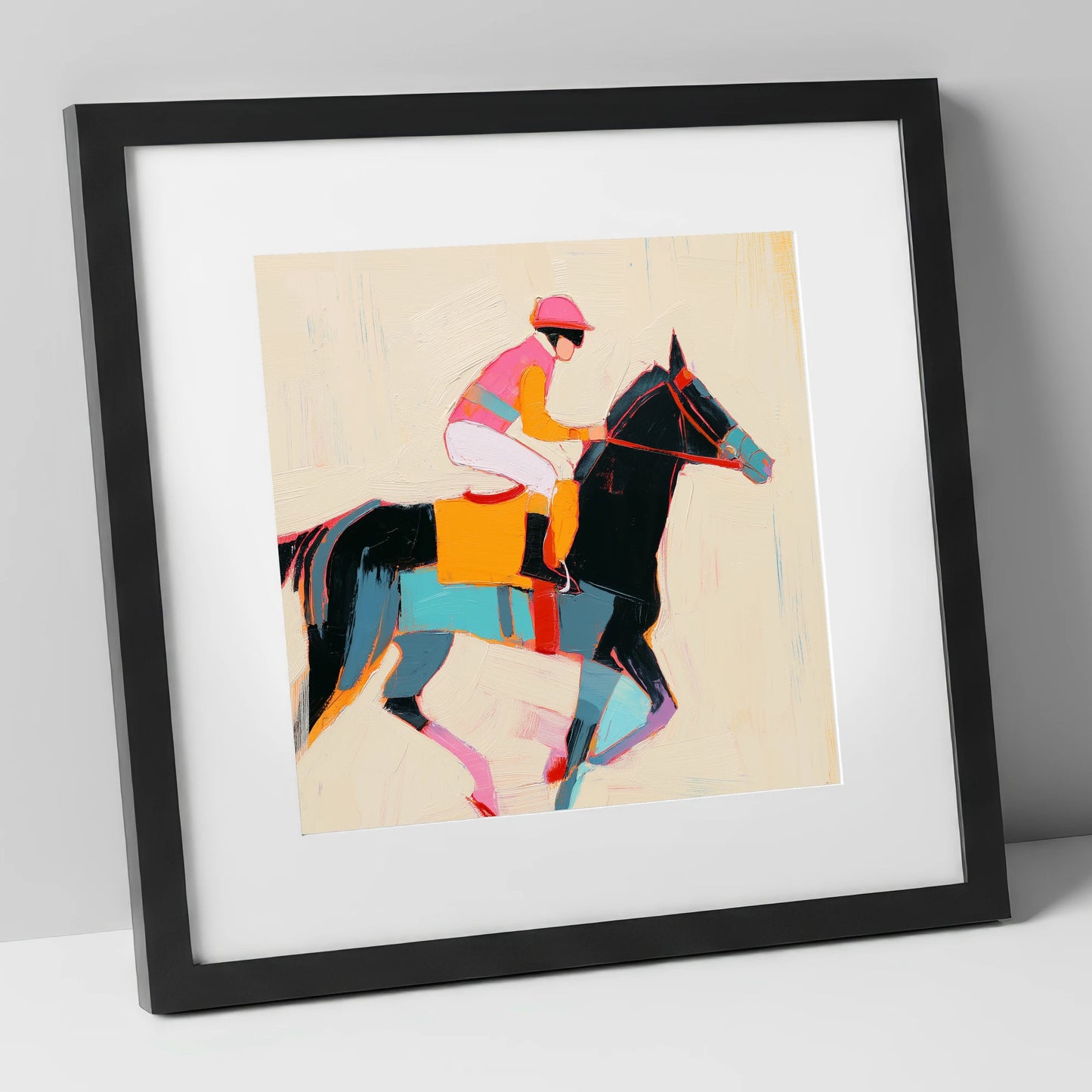 Vibrant Sprint racing horse art print in black frame