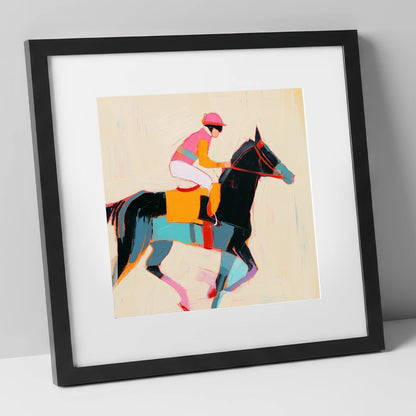 Vibrant Sprint racing horse art print in black frame