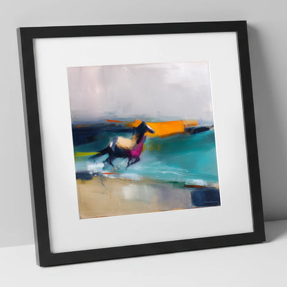 Vivid Coastal Gallop beach horse art print in black frame
