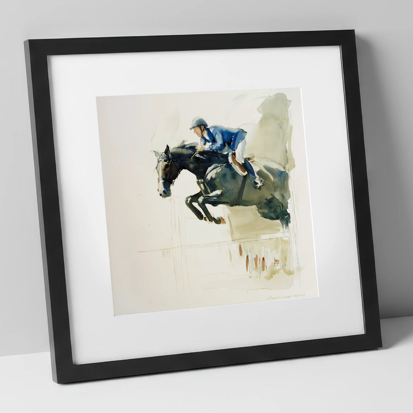 Suspended Grace show jumping horse art print in black frame