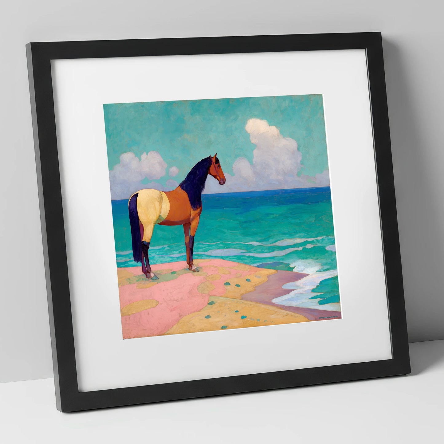 The Painted Shoreline horse landscape art print in black frame