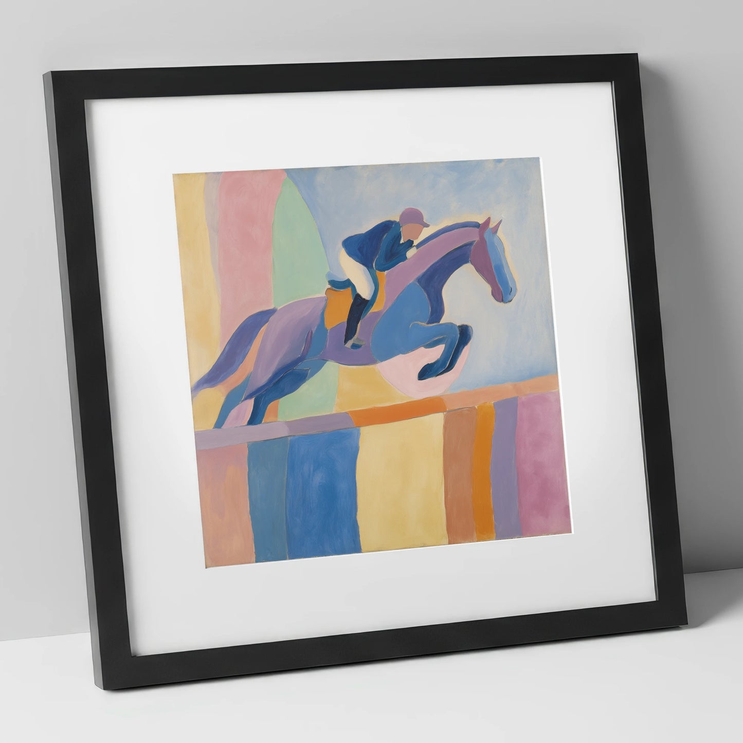 Harmonious Leap show jumping horse art print in black frame