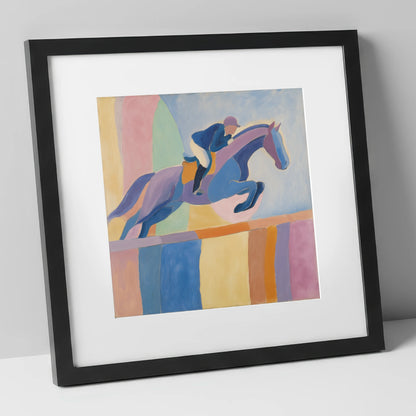 Harmonious Leap show jumping horse art print in black frame